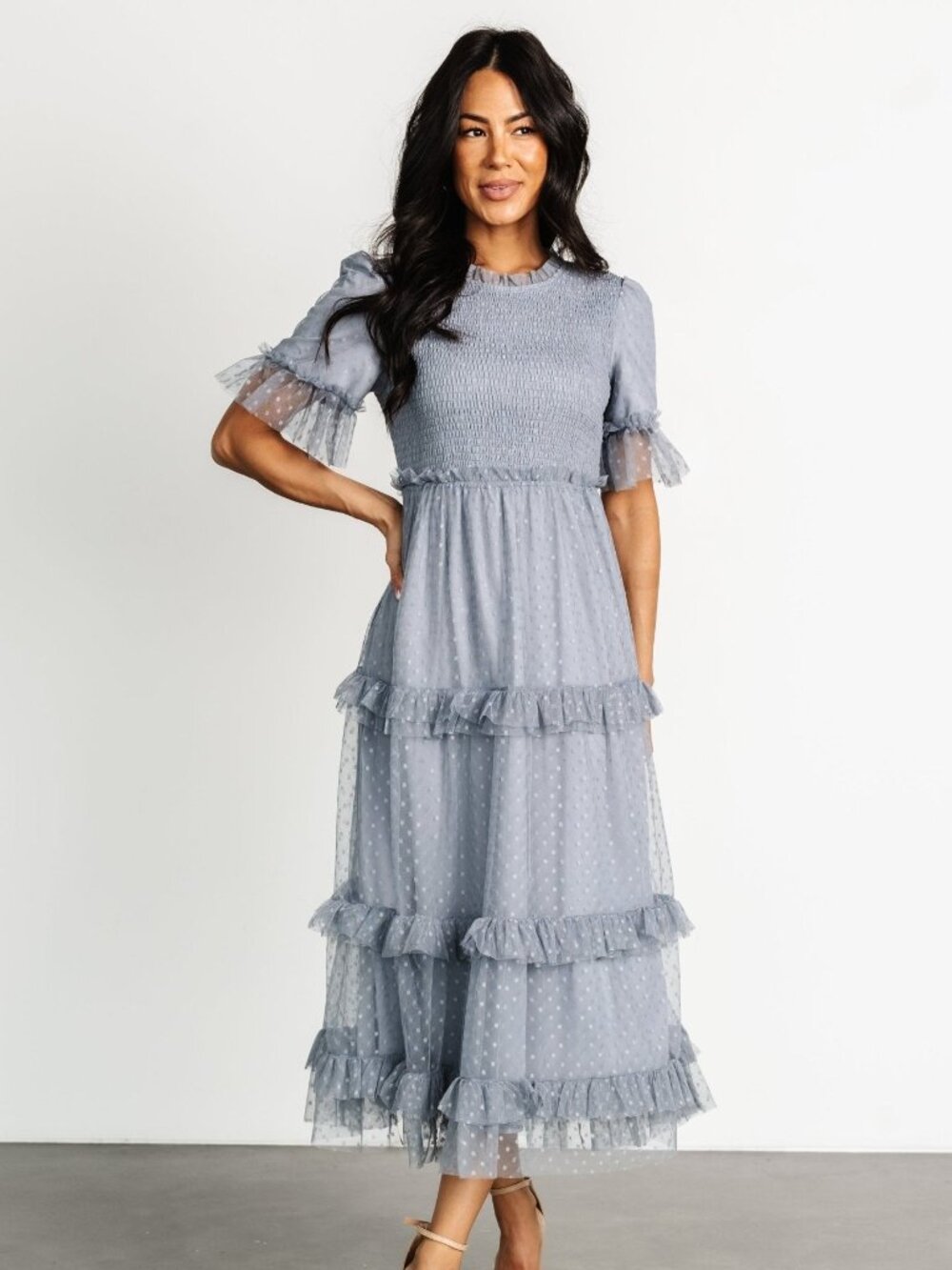 Baltic Born Lysandra Smocked Dot Dress | Dusty Slate Size MM